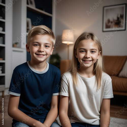 brother and sister teenagers blondehaired boy and girl in a cozy apartment
 photo