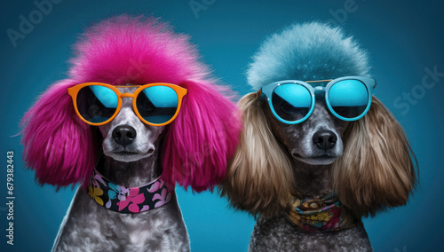 Two lovely poodles wearing sunglasses with vibrant colored frames and colorful hair © Stefan