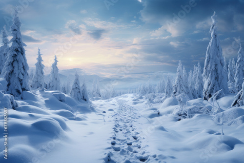 A snow-covered landscape with footprints leading into the distance, suggesting a fresh start in a winter wonderland. Concept of renewal and tranquility. Generative Ai. © Sebastian