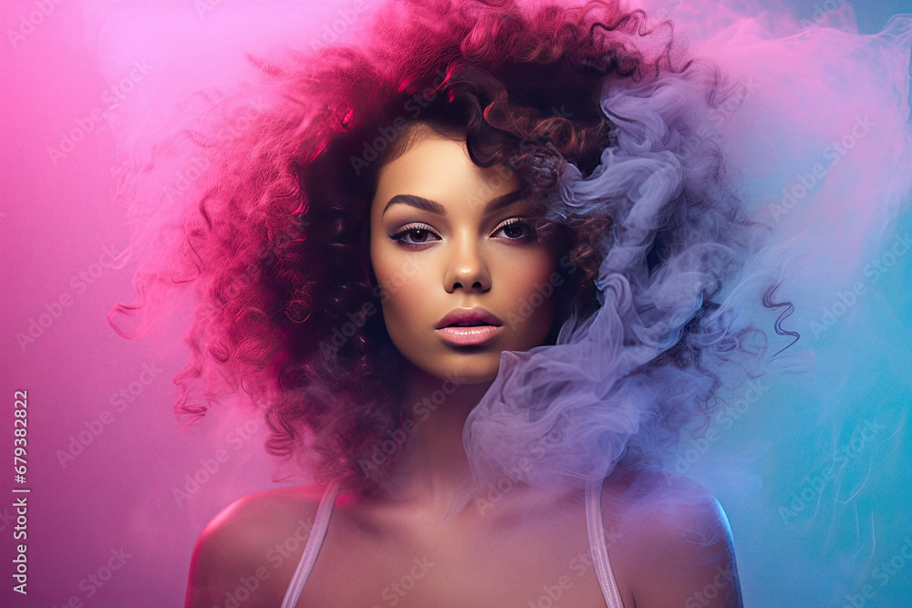 Young woman surrounded by a colorful cloud of smoke