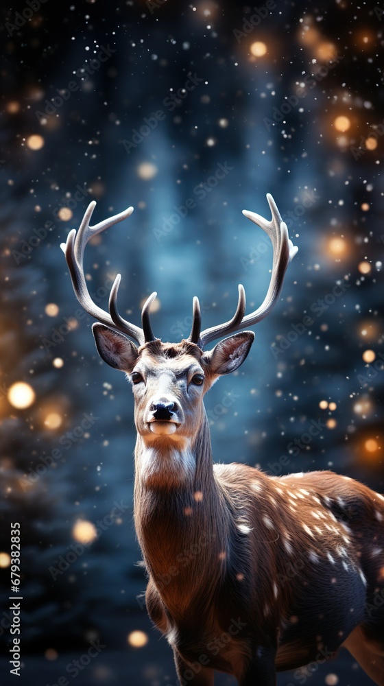 Fondo de navidad con un reno y con luces bokeh. Aplicable para móvil. Concepto de fiestas navideñas. Generado por IA Fondo de navidad con un reno y con luces bokeh. Aplicable para móvil. Concepto de fiestas navideñas. Generado por IA