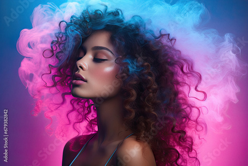 Young woman surrounded by a colorful cloud of smoke