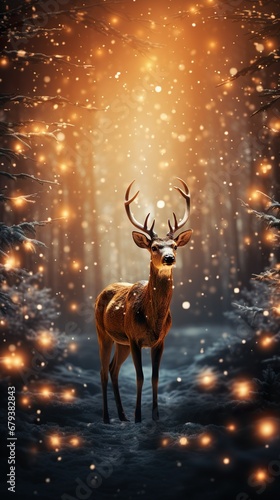  Fondo de navidad con un reno y  con luces bokeh. Aplicable para móvil. Concepto de fiestas navideñas. Generado por IA © Cris.lo Studio