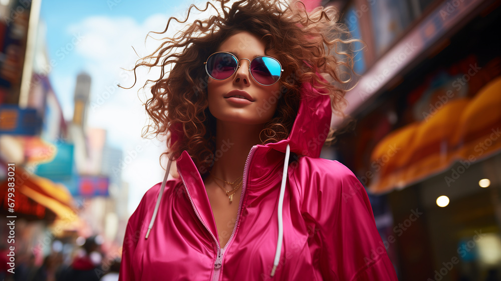 Beautiful curly hair woman with sunglasses in pink clothes walking outdoors, ai