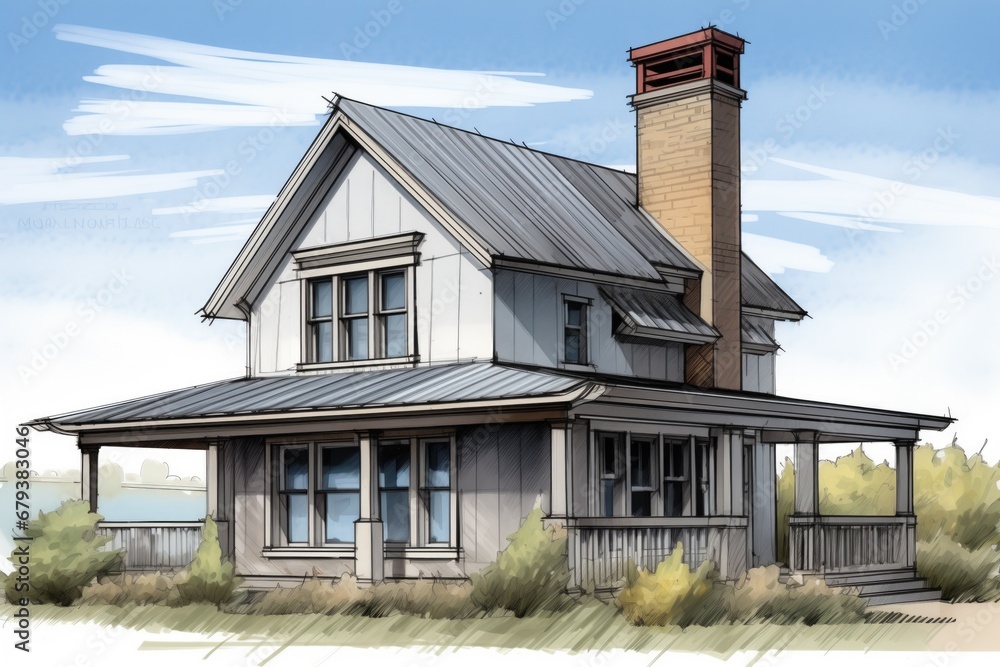 metal chimney on modern farmhouse roof, magazine style illustration
