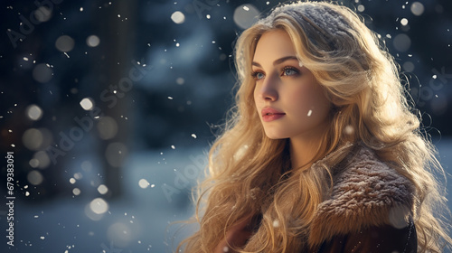 Beautiful blonde woman walking in a park on a winter day at Christmastime