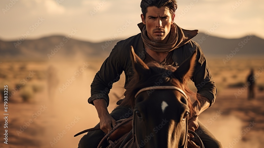 Handsome cowboy riding horse with dust on sunset background. AI generated image