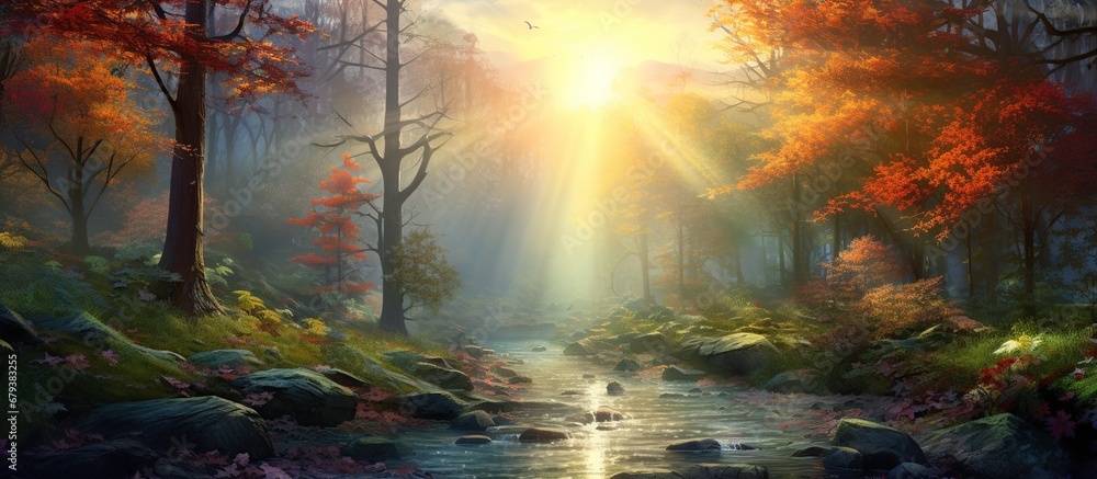 Scenic autumn forest with river landscape. AI generated image