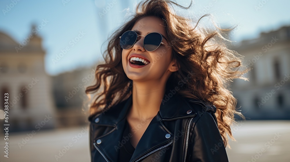 Portrait brunette young woman wearing jacket on the city street background Portrait brunette young woman wearing jacket on the city street background