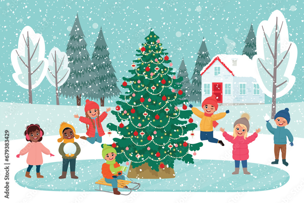 Winter childish outdoor activities near decorated Christmas tree in winter background. Vector illustration in flat style Winter childish outdoor activities near decorated Christmas tree in winter background. Vector illustration in flat style