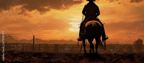 Silhouette of cowboy riding horse on dramatic sunset background. AI generated image