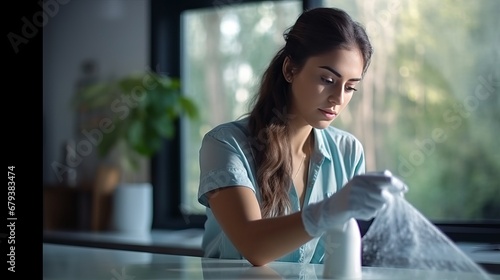 Caucasian young woman spraying rubbing alcohol on glass wall and wiping with towel at home. copy space, unaltered, spray bottle, hygiene, washing up glove, transparent and lifestyle concept.  photo