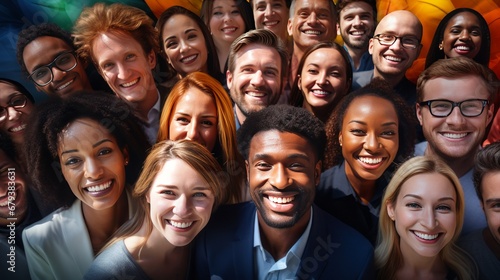 Collage of large group of smiling people composite portrait image gathered together reaching out each other 4g 5g connection contacting multiracial society