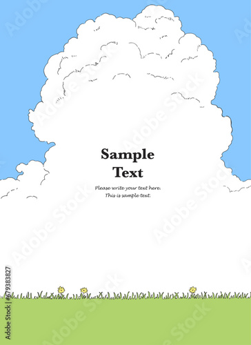 草原にモクモクの雲が見える背景-線画	 #679383827