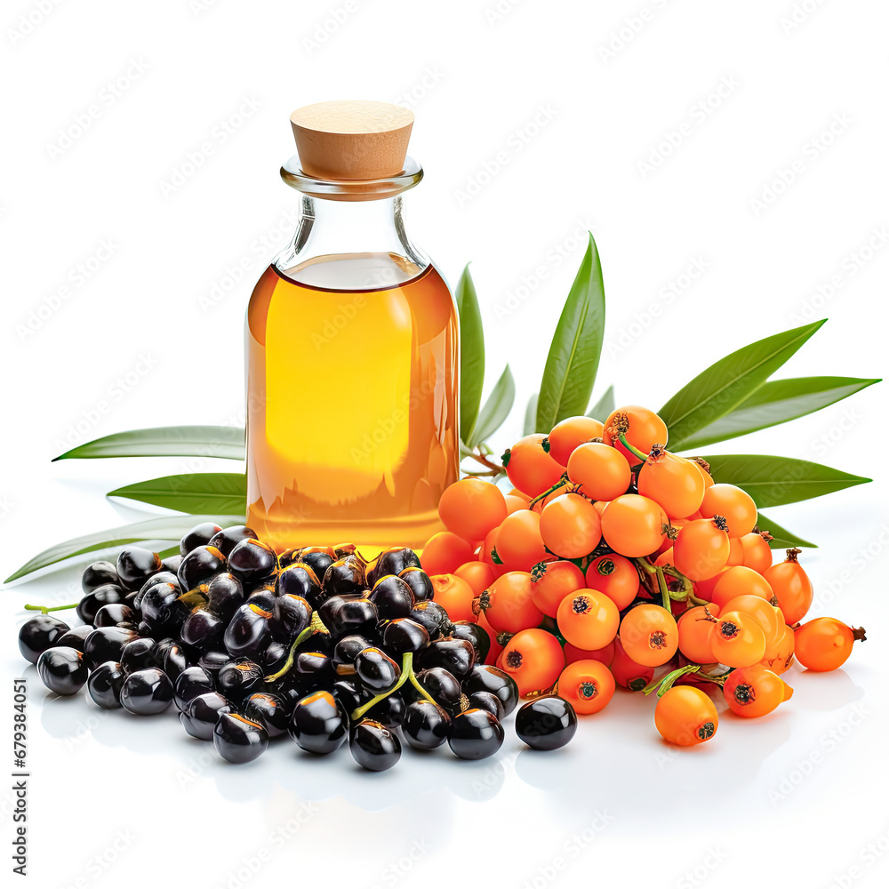 Bottle of sea buckthorn oil and berries on white background. Bottle of sea buckthorn oil and berries on white background.