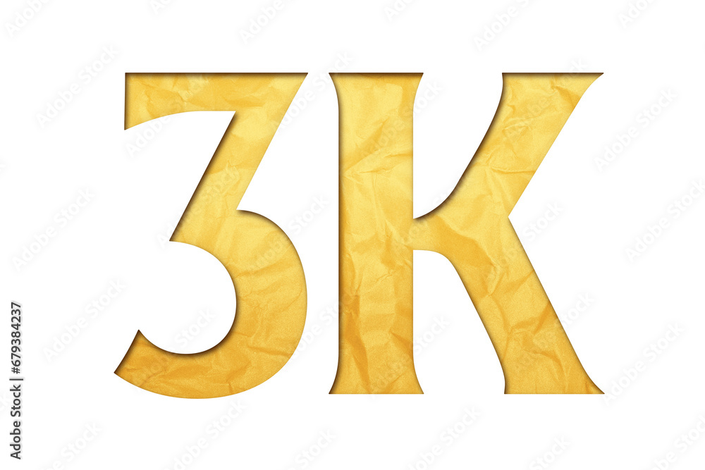 3K or 3000 written in isolated paper cutout effect revealing gold crumpled paper background