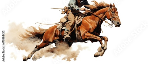 Drawing cowboy riding horse on white dramatic background. AI generated