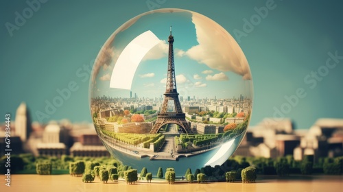 Eiffel tower in the glass ball. Unusual travel illustration. Paris 