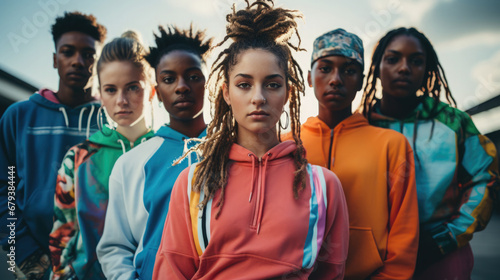 A diverse group of teenagers from different backgrounds, participating in a community project, fashionably dressed for trends. Inclusion and Diversity photo