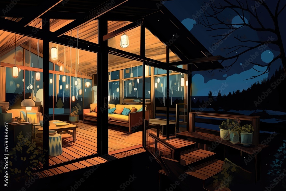 night view of the illuminated cabin with glowing glass windows, magazine style illustration night view of the illuminated cabin with glowing glass windows, magazine style illustration