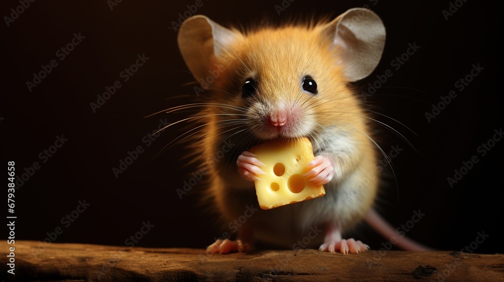 Little mouse eating a cheese on a dark background. AI generated image