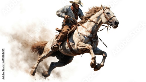 Drawing concept cowboy riding horse on white background. AI generated image © orendesain99
