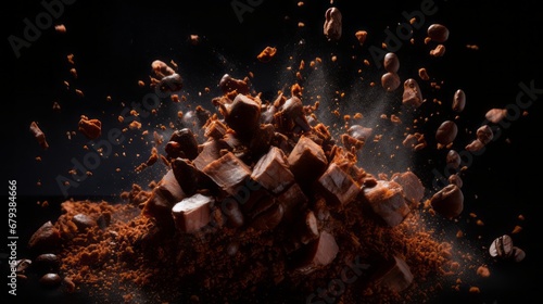 Explosion of ground coffee with roasted beans on black background 