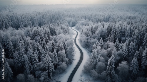 Winter landscape, top view of a snow-covered forest and the road that divides the forest.
