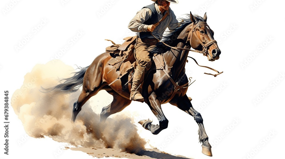 Fototapeta premium Drawing concept cowboy riding horse on white background. AI generated image
