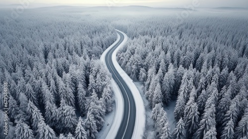 From an aerial perspective, a winter scene unfolds, revealing a forest blanketed in snow with a road running through, dividing the snowy expanse.