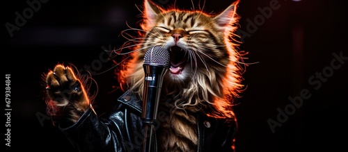 The cat in glasses is singing a song at the stage of karaoke. AI generated