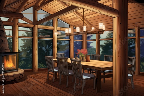 exposed log beams and glass walls in a cabin dining area, magazine style illustration
