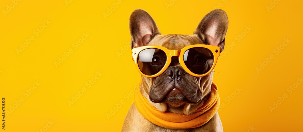 Portrait dog sunglasses isolated yellow copy space background
