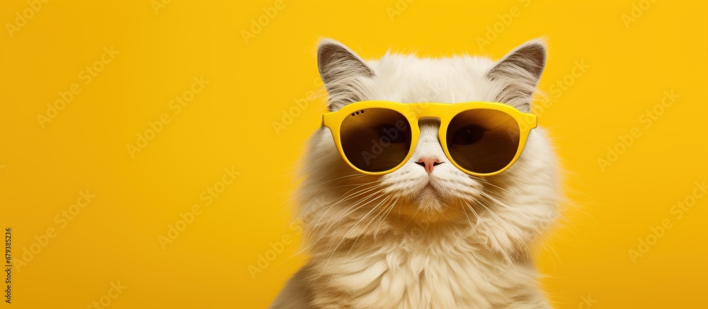 Portrait funny cat in stylish sunglasses on yellow background
