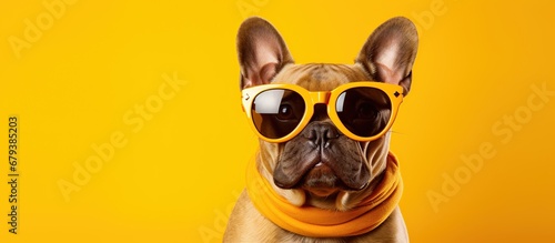 Portrait dog sunglasses isolated yellow copy space background © orendesain99