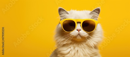 Portrait funny cat in stylish sunglasses on yellow background © orendesain99