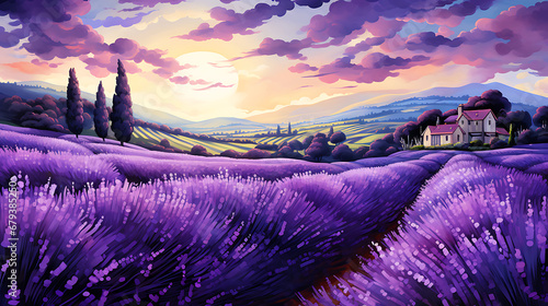A artistic representation of a vibrant lavender field with rows of purple blossoms.