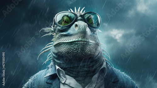 Iguana with glasses. Close-up portrait of an iguana. Anthopomorphic creature. A fictional character for advertising and marketing. A humorous character for graphic design.