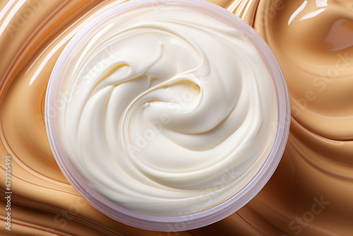 the texture of a cosmetic cream for face or body in an open plastic jar