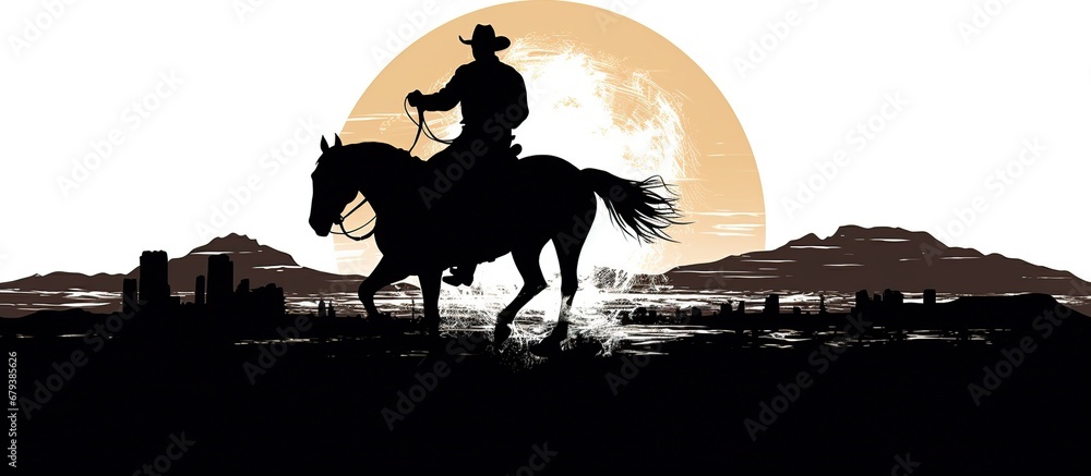 Silhouette cowboy riding horse on white background. AI generated image - obrazy, fototapety, plakaty 