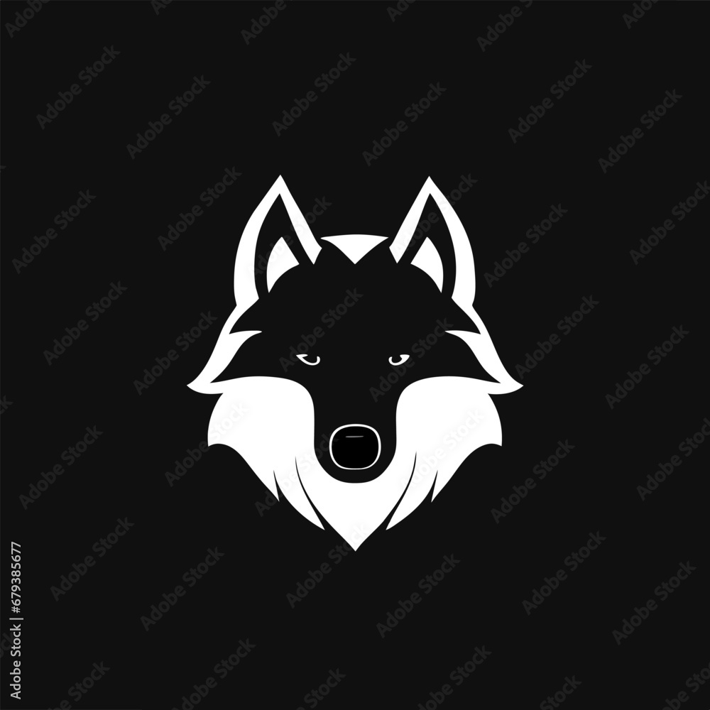 Portrait of a wolf on a black background. Dog vector icon. Vector black and white illustration. Siberian husky logo.