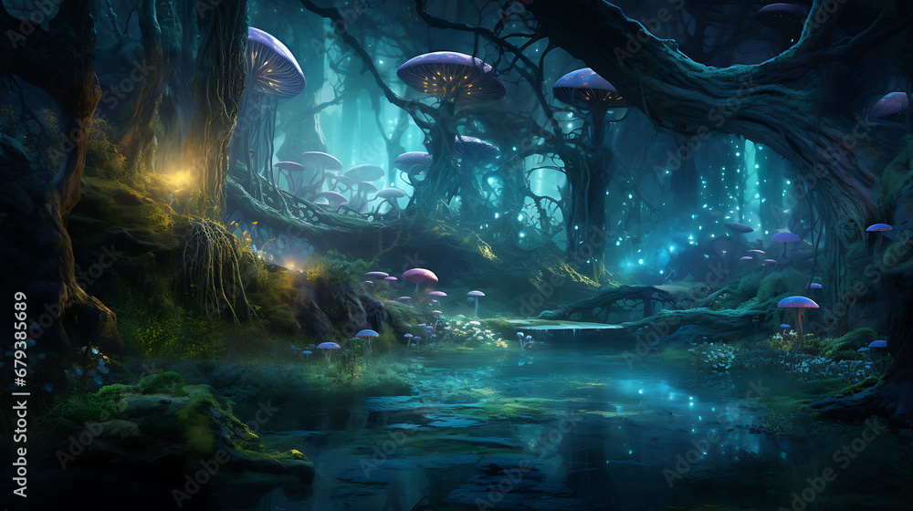 A mystical forest with bioluminescent mushrooms and ancient trees.