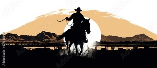 Silhouette cowboy riding horse on white background. AI generated image photo
