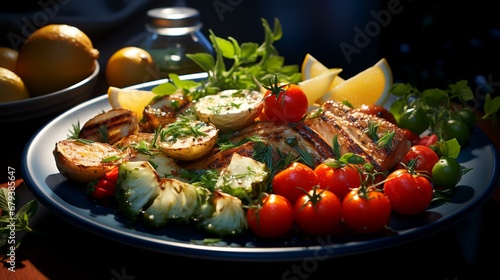 Grilled chicken breast with vegetables and herbs on a blue plate