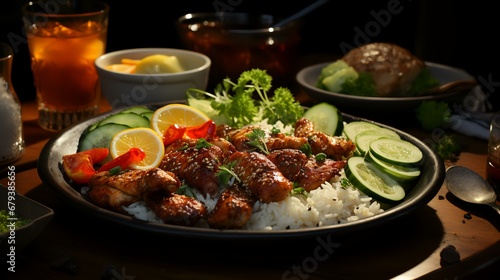 Chicken teriyaki with rice and cucumber on a black background