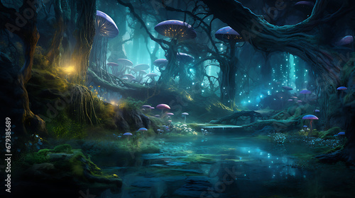 A mystical forest with bioluminescent mushrooms and ancient trees.