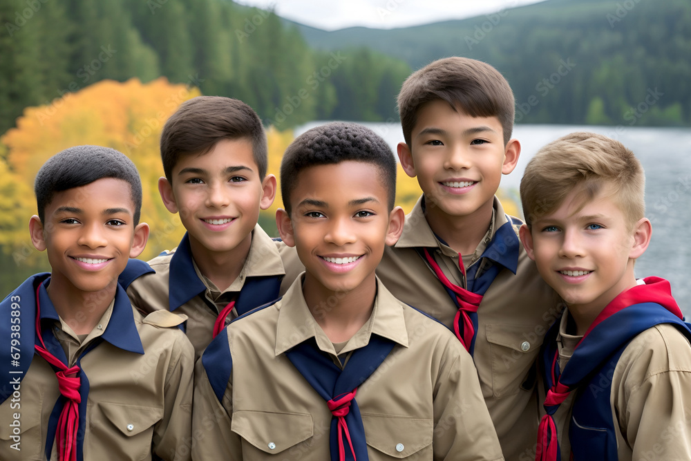 Group of five boy scouts posing. Mountains, lake and forest in the background. Racial diversity Group of five boy scouts posing. Mountains, lake and forest in the background. Racial diversity
