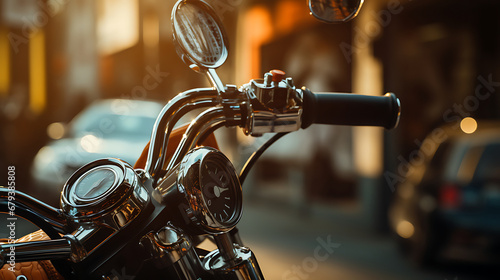 A picture of a close-up view of a motorbike's handlebars and controls. photo
