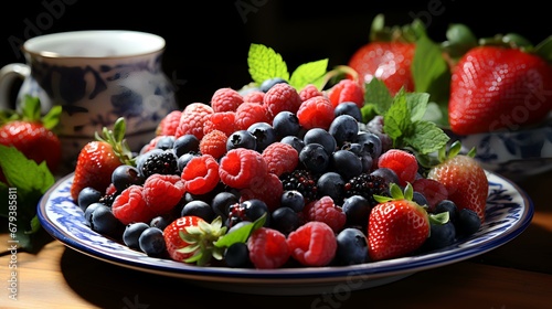 Berries in a plate on a dark background