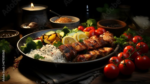 Grilled kebab with rice and vegetables on a black background